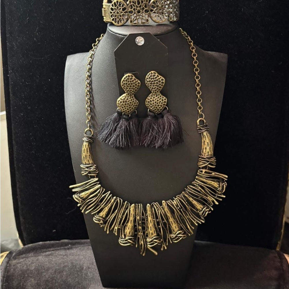 Gold and Black Statement Necklace with Dramatic Fringe